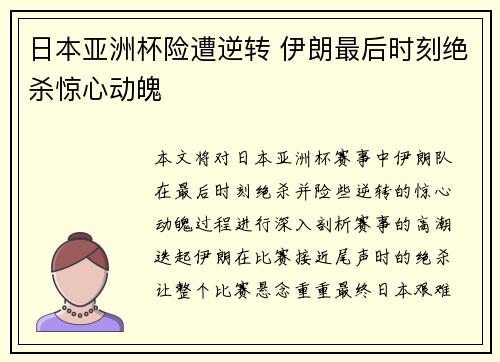 日本亚洲杯险遭逆转 伊朗最后时刻绝杀惊心动魄